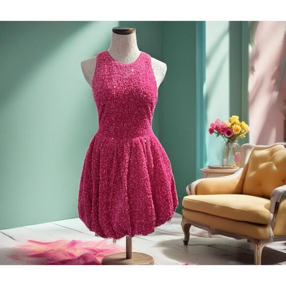 ASOS LUXE bubble hem mini dress in pink sequin Size 8 NWOT BARBIE Softgirl - Picture 2 of 15